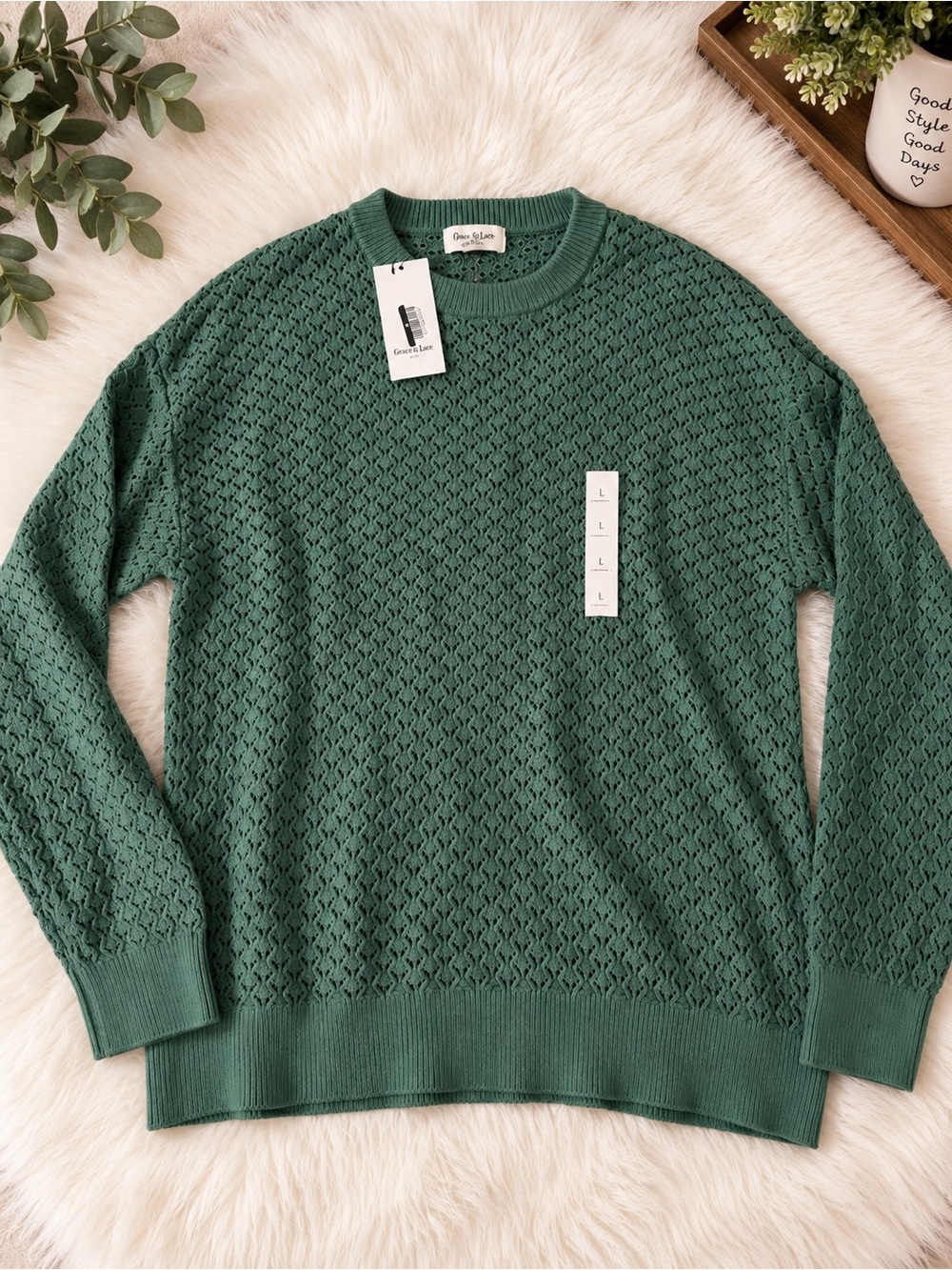 Goodfellow & Co Green Open-Knit Crewneck Sweater